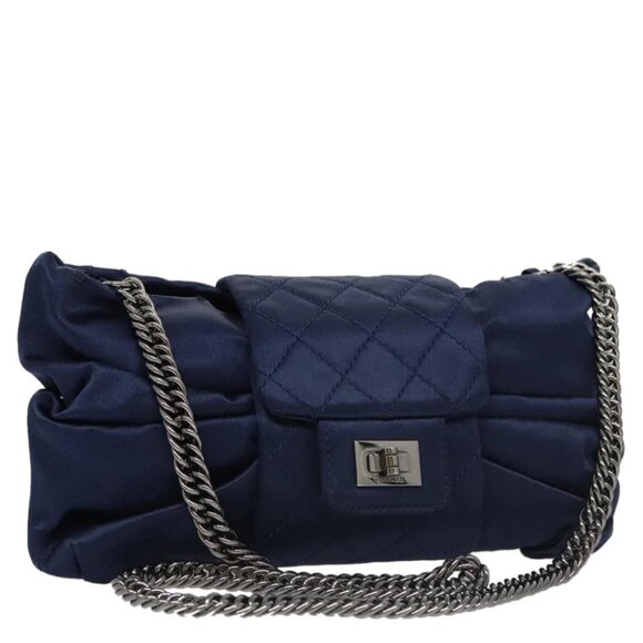 CHANEL Matelasse Chain Shoulder Bag Satin Navy CC - Picture 1 of 15